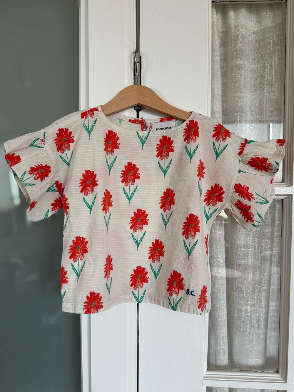 Bobo Choses Cream Top with Red Floral Print